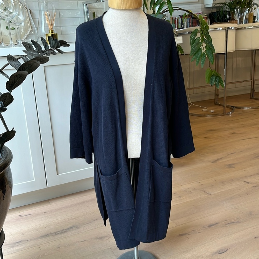 EUC Theory cotton waffle weave navy open front oversize duster